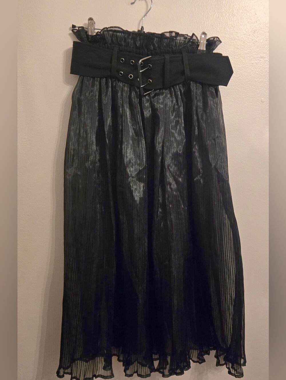 Free People Semi Sheer Black Pleated Midi Skirt Paper Bag Waist Wide Belt Medium